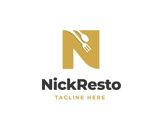 Logotipo inicial de la letra N con icono de tenedor y cuchara para el logotipo del restaurante