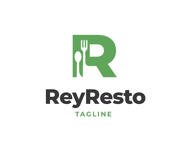 Logotipo inicial de la letra R con icono de tenedor y cuchara para el logotipo del restaurante