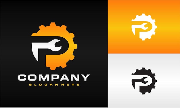 logotipo inicial de llave de engranajes P