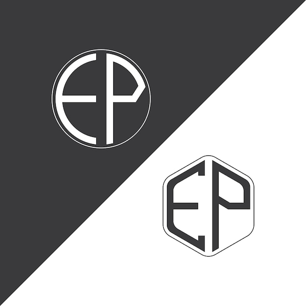 Logotipo inicial del monograma del EP con diseño creativo del logotipo en forma de círculo y polígono