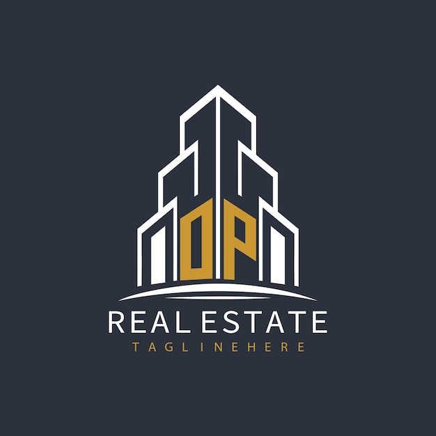 Logotipo inicial del monograma de OP para bienes raíces con diseño creativo de la forma del edificio