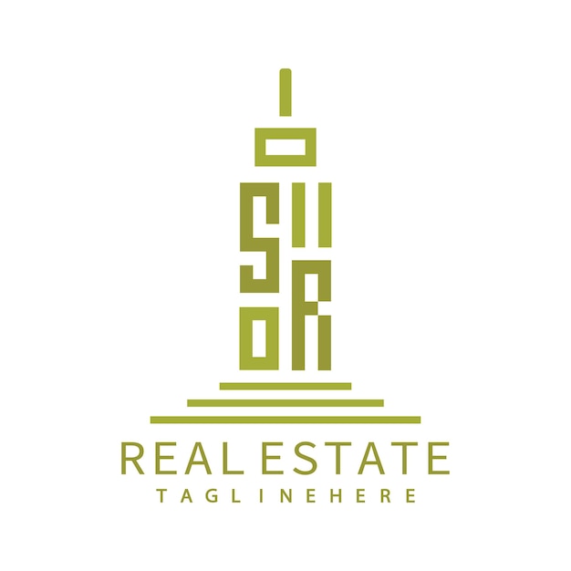 Logotipo inicial de monograma SR para bienes raíces con diseño creativo de la forma del edificio