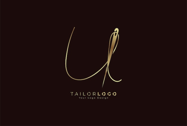 Logotipo inicial de U Tailor letra U formada a partir de hilo y aguja con estilo de línea de color dorado