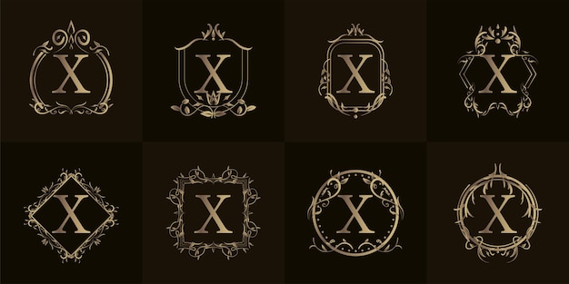 Logotipo inicial x con adorno de lujo o marco de flores, colección de sets.