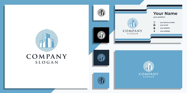Logotipo inmobiliario con formas geométricas y tarjeta de visita.