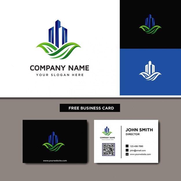 Logotipo inmobiliario con hoja verde.