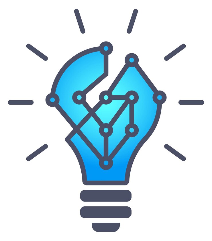 Vector logotipo de innovación icono de idea científica bombilla de luz azul