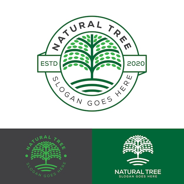 Logotipo de insignia de árbol de granja natural, plantilla de vector de logotipo de educación vegetal