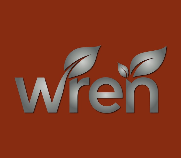 Vector logotipo inspirado en la naturaleza de wren con elementos de hojas en un fondo vibrante