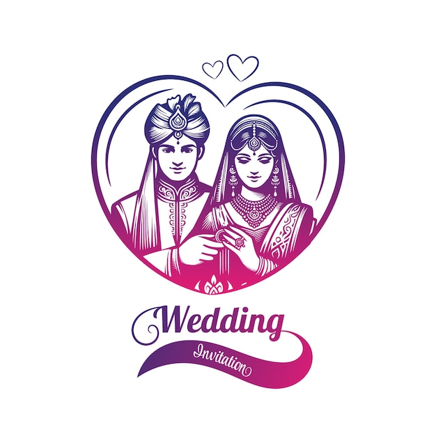 Vector logotipo de invitación de boda indio con ilustración de la novia y el novio