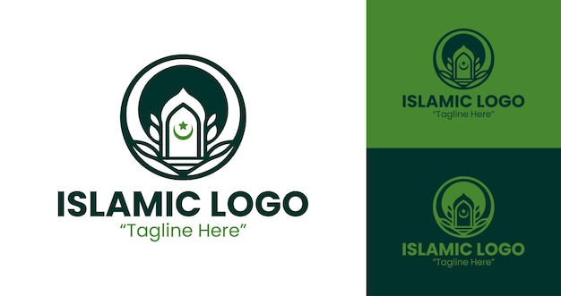Logotipo islámico contemporáneo en verde y blanco con caligrafía árabe y patrón geométrico
