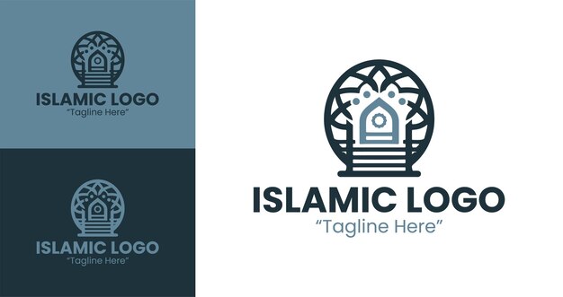 Logotipo islámico moderno con elegante diseño de mezquita y luna creciente en tonos azules y grises