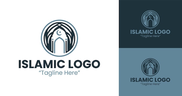 El logotipo islámico moderno con mezquita azul y luna media ideal para la marca con significado cultural