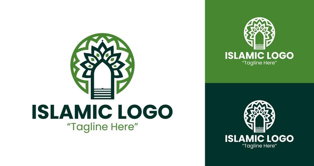 Logotipo islámico premium con colores verdes y blancos con un elegante símbolo árabe y una forma limpia