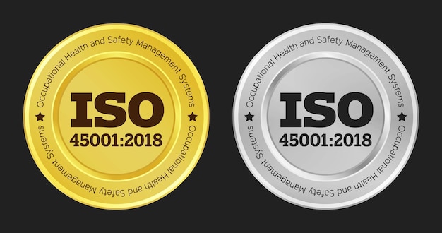 El logotipo de ISO 45001 2018 es el logotipo de oro y plata de los sistemas de gestión de salud y seguridad ISO.