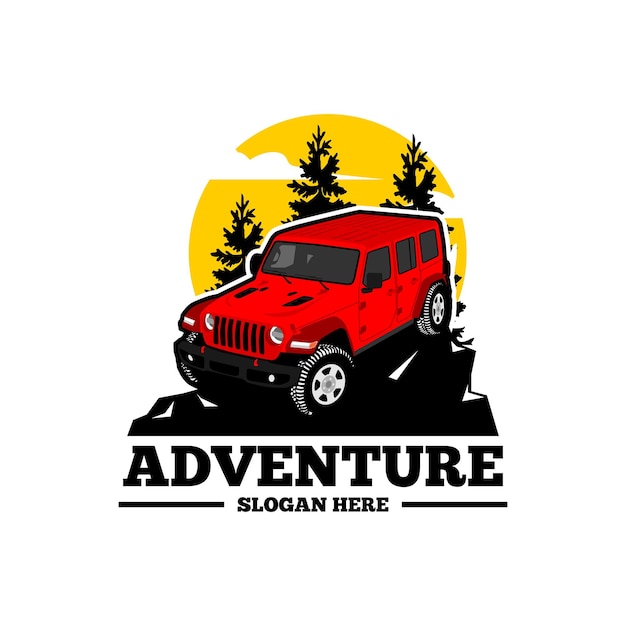 Un logotipo de jeep rojo con árboles y las palabras aventura en él