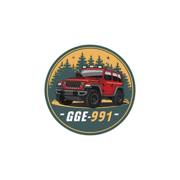 El logotipo del jeep wrangler rojo de estilo retro en el medio de un bosque