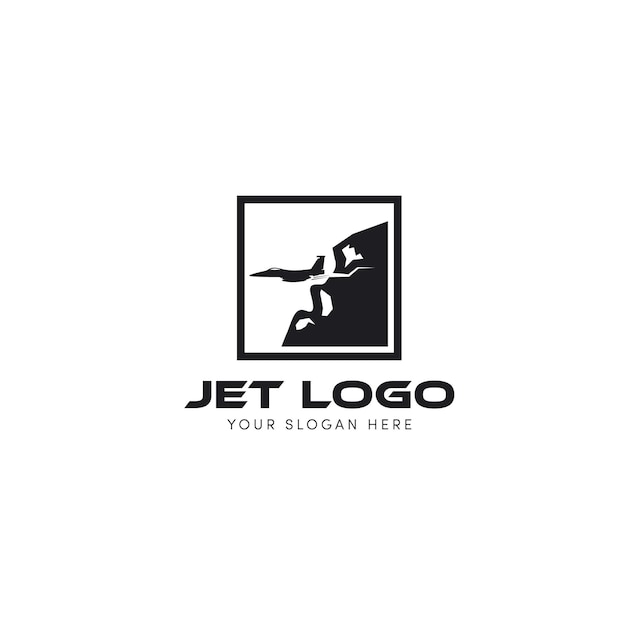 Logotipo de jet volando fuera de la colina y logotipo de montaña con cuadrado