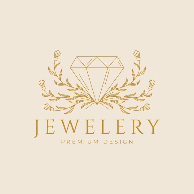 logotipo de joyería belleza de diamante con línea de flores botánicas arte icono vectorial símbolo diseño minimalista