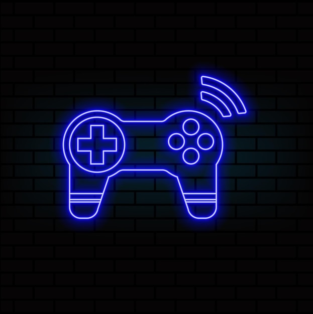 El logotipo del joystick de juego, el emblema de neón, la ilustración vectorial, el azul.