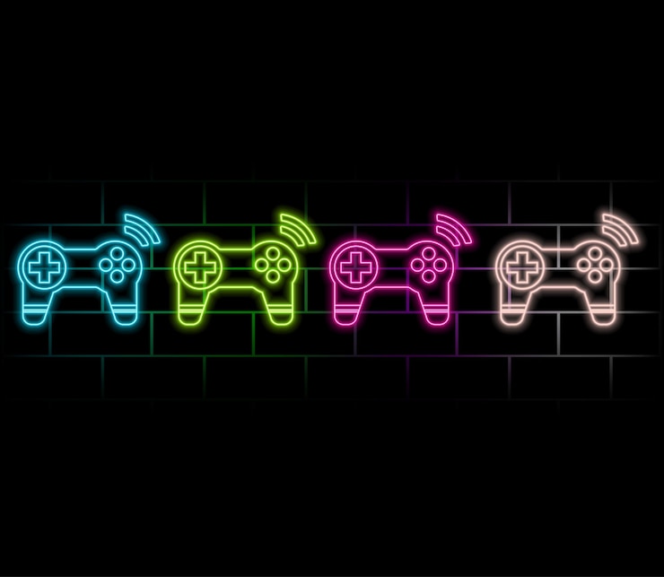 Vector el logotipo del joystick del juego, el emblema del neón, la ilustración vectorial