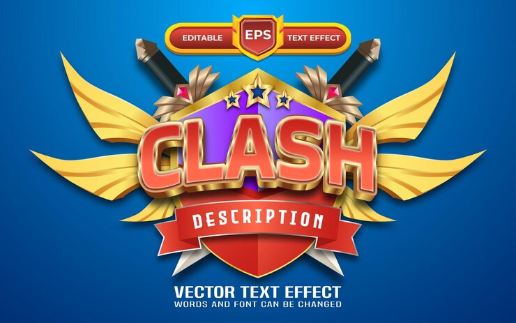 Vector logotipo del juego clash con efecto de texto editable y estilo dorado