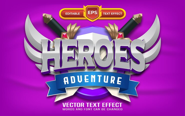 Vector logotipo del juego heroes adventure 3d con efecto de texto editable