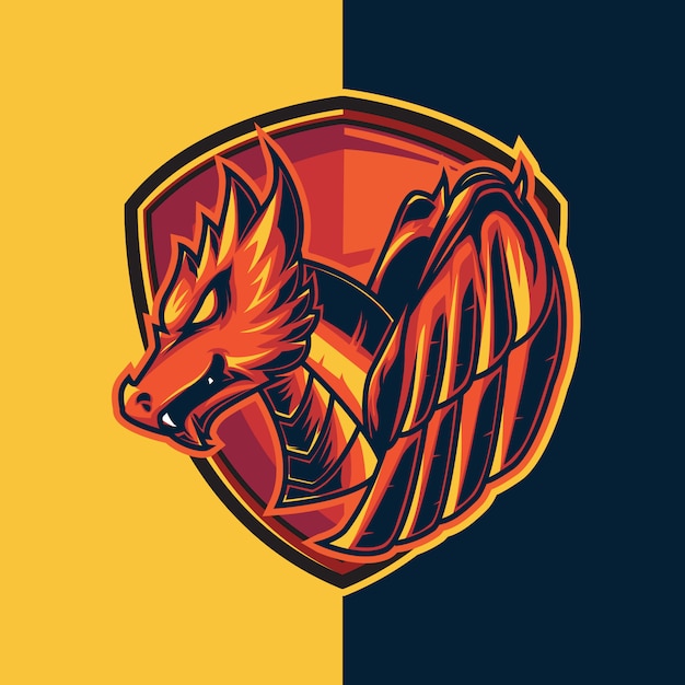 Logotipo de juegos esport con temas de dragón rojo y escudo. rojo claro como el fuego