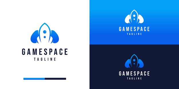 logotipo de juegos con inspiración en el diseño de cohetes y joystick
