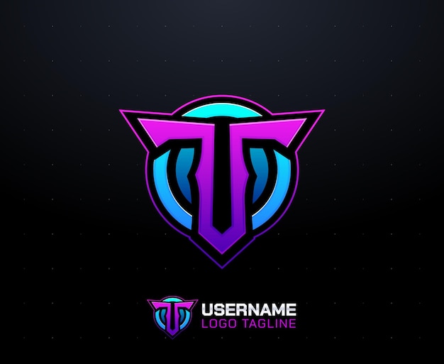 Logotipo de juegos con la letra T para equipos de esports o streamers colores púrpura azul y negro