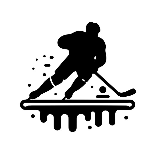 Vector el logotipo del jugador de hockey sobre hielo en estencil vectorial de color plano, diseño en blanco y negro sobre fondo blanco