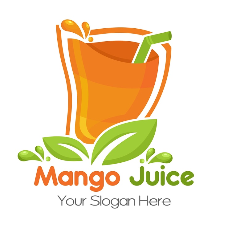 Vector logotipo de jugo de mango. diseño de bebidas frescas. tu eslogan aquí