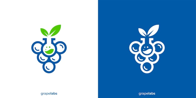 Logotipo del laboratorio de uvas Frutas de uva y vidrio de laboratorio con icono del logotipo del laboratorio del uva de estilo minimalista