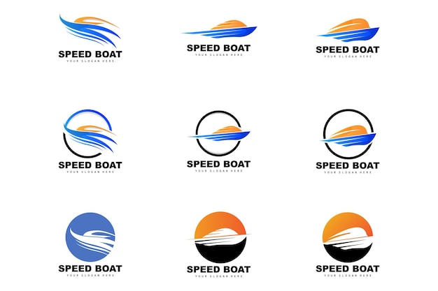Logotipo de lancha rápida Buque de carga rápida Vector Diseño de velero para la empresa de fabricación de barcos Transporte por vías fluviales Transporte de vehículos marinos