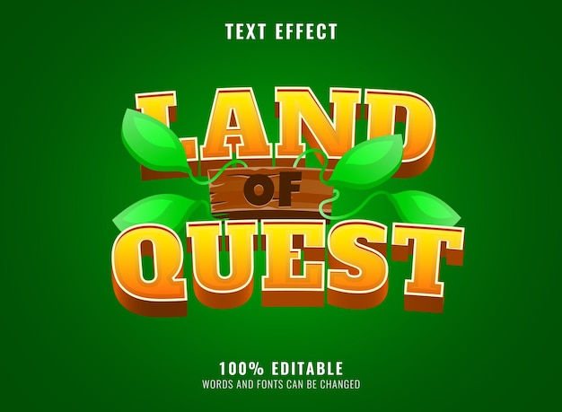 Logotipo de land of quest de divertidos dibujos animados con hojas de rama para el efecto de texto del título del logotipo del juego