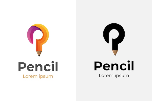 Logotipo de lápiz creativo moderno con diseño de icono de logotipo de letra inicial P para elemento de logotipo de escuela de educación