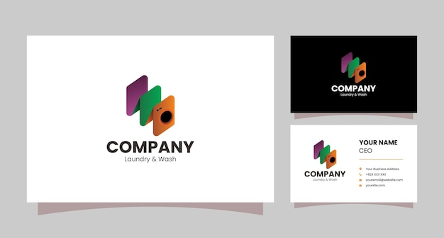 logotipo de lavadora plegable de colores degradados con tarjeta de visita