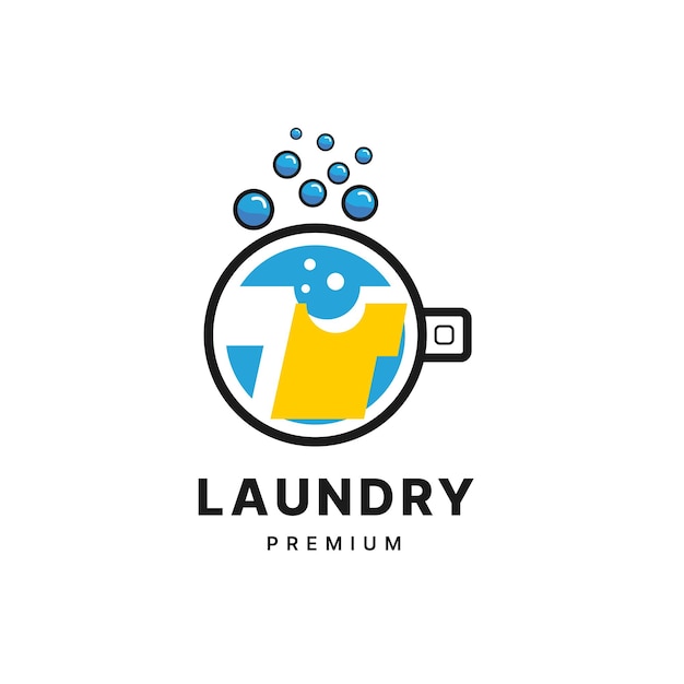 Logotipo de lavandería y lavadora con burbujas para lavado de ropa de negocios