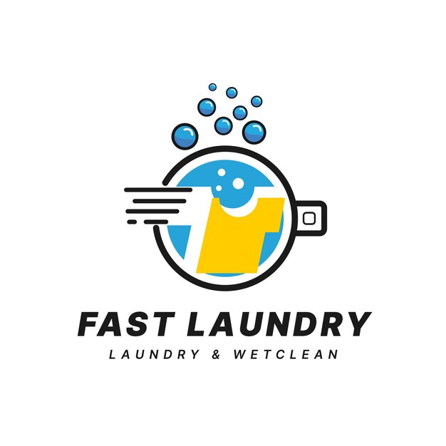 Logotipo de lavandería y lavadora con burbujas