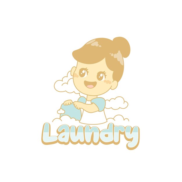 Logotipo de lavandería con una linda chica que lava el logotipo del personaje de la mascota de tela