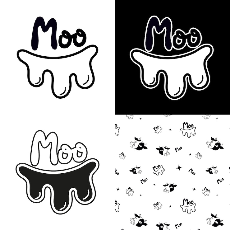 Logotipo para la leche fresca de granja Umer de una vaca y la inscripción Moo Patrón con una vaca un logotipo un udd