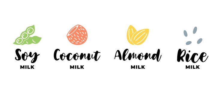 Logotipo de leche de soja, almendra, coco y arroz. Conjunto de elementos de diseño de placa de embalaje. Etiquetas de bebidas veganas saludables dibujadas a mano. Colección de logotipos aislados ilustración vectorial eps
