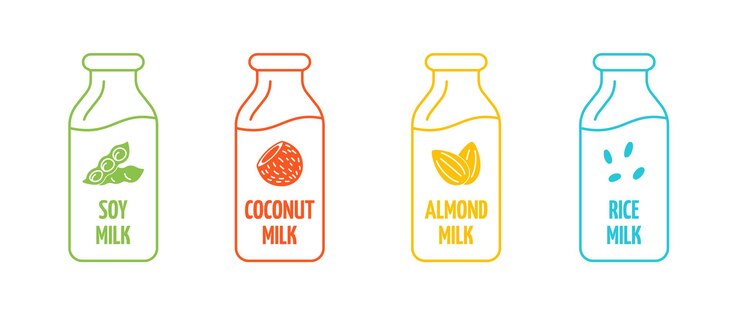 Logotipo de leche de soja, almendra, coco y arroz en forma lineal de botella. Elementos de diseño de placa de embalaje. Etiquetas de bebidas veganas saludables dibujadas a mano. Colección de logotipos aislados ilustración vectorial eps