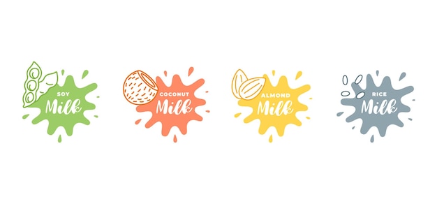 Logotipo de leche de soja, almendras, coco y arroz en forma de salpicaduras con gotas. Conjunto de elementos de diseño de placa de embalaje. Etiquetas de bebidas ecológicas veganas saludables dibujadas a mano. Ilustración de vector de colección de logotipo aislado