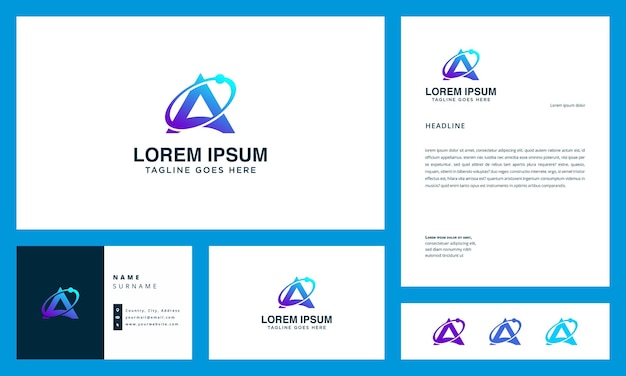 logotipo de la letra atómica A con tarjeta de visita y membrete