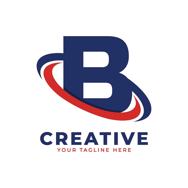 Logotipo de la letra B de la corporación con el vector del icono de la órbita Swoosh del círculo creativo en color azul y rojo