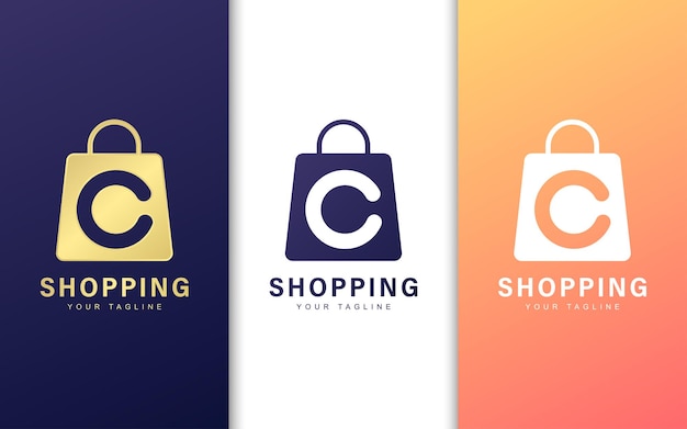 Logotipo de la letra C en bolsa de compras. Concepto de logotipo de comercio moderno
