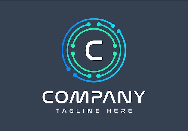 Logotipo de letra C colores verde y azul, tecnología y vector de logotipo de conexión de punto abstracto digital