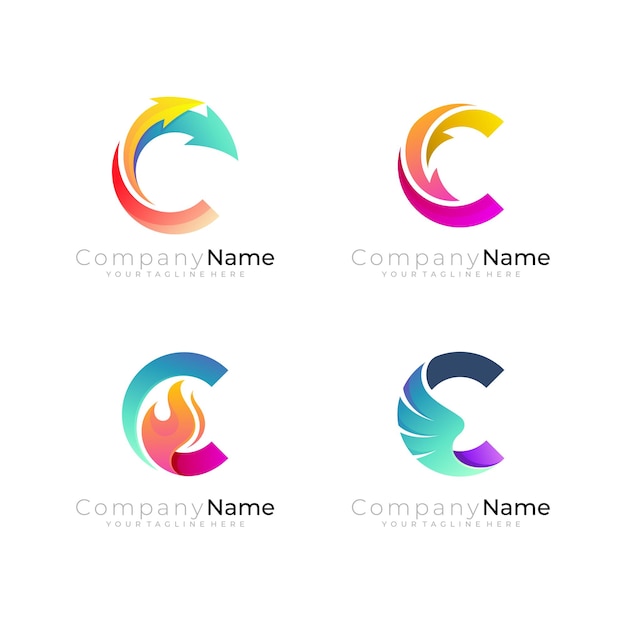 Logotipo de la letra C con diseño combinado de fuego de flecha C y logotipos de alas