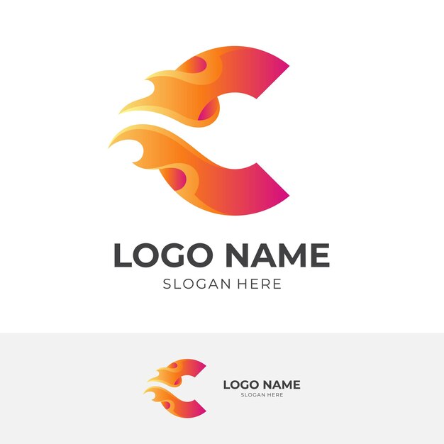 Logotipo de la letra C Diseño de logotipo de letra C fuego, letra C y fuego, logotipo de combinación con diseño de estilo de color naranja 3d con estilo de color naranja 3d